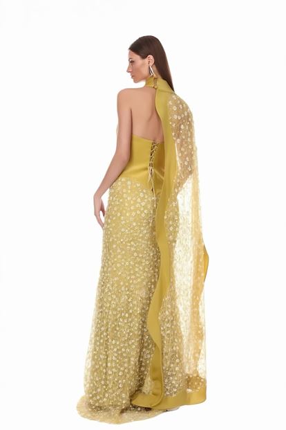 Camel Tül Pelerin ve Taş İşlemeli Abiye Elbise